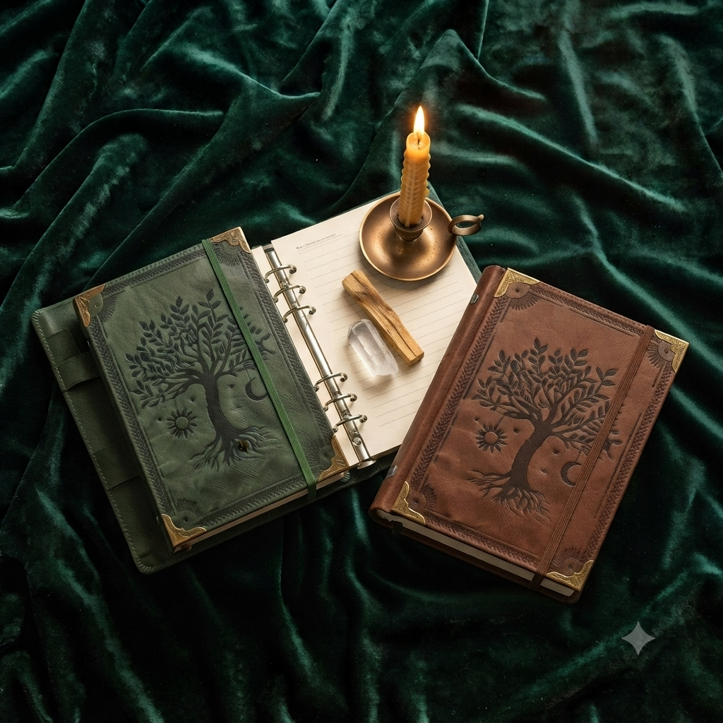 Carnet Grimoire Cuir Vintage – Soleil & Arbre de Vie