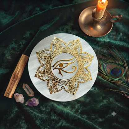 Disque de Sélénite & Œil d'Horus – 6 cm