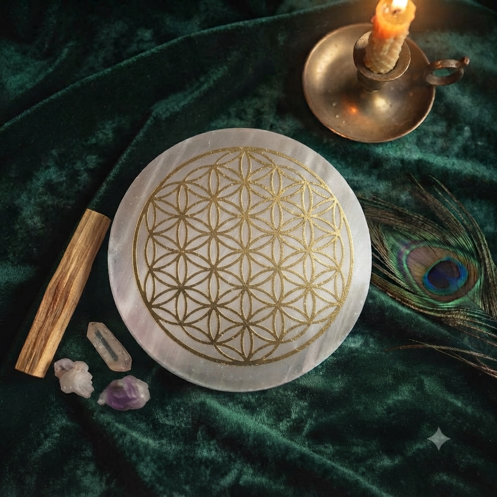 Disque de Sélénite & Fleur de Vie – 6 cm