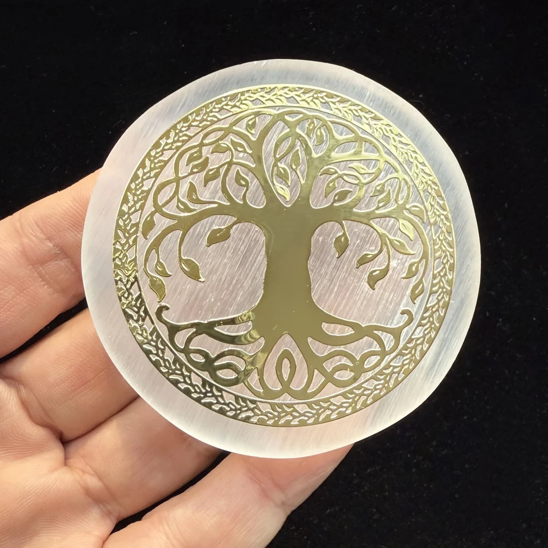 Le Disque de Sélénite & Arbre de Vie 6 cm | Éveil de Lionne