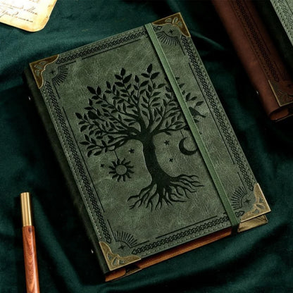 Carnet Grimoire Cuir Vintage – Soleil & Arbre de Vie