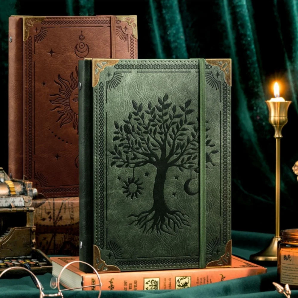 Carnet Grimoire Cuir Vintage – Soleil & Arbre de Vie