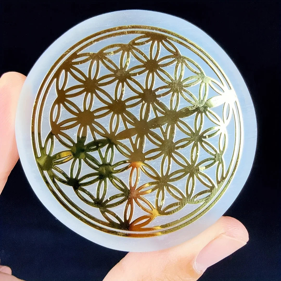 Disque de Sélénite & Fleur de Vie – 6 cm