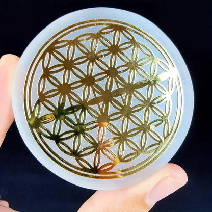 Disque de Sélénite & Fleur de Vie – 6 cm