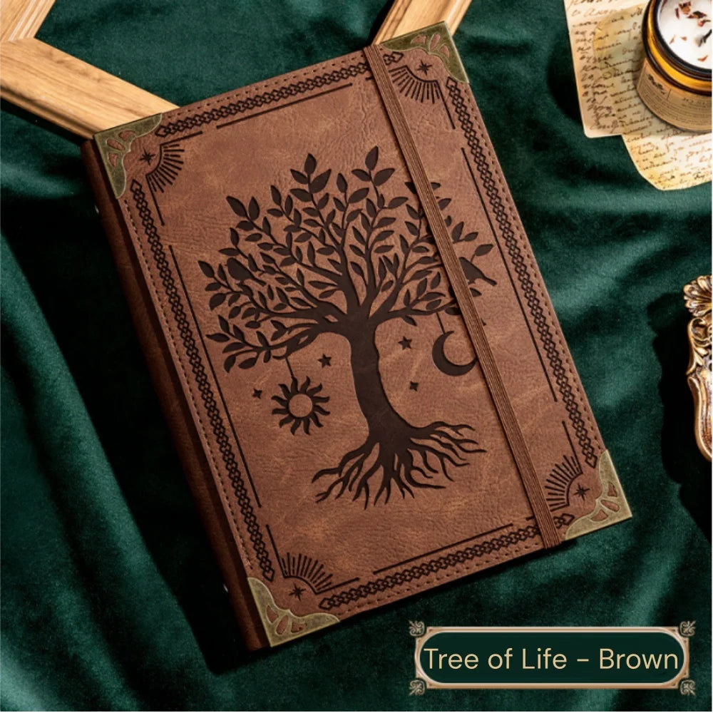 Carnet Grimoire Cuir Vintage – Soleil & Arbre de Vie
