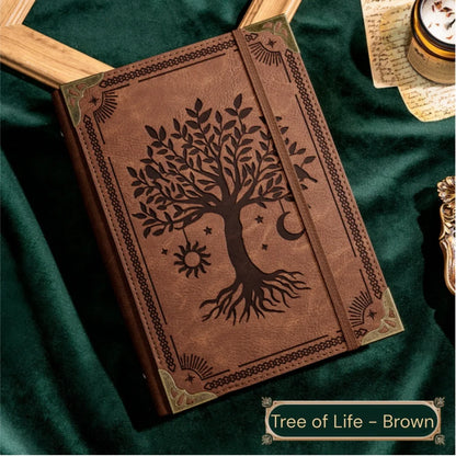 Carnet Grimoire Cuir Vintage – Soleil & Arbre de Vie